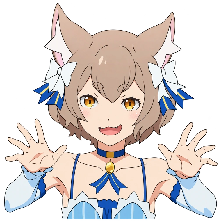 PERC House's cheerful cat-eared mascot with brown hair, blue ribbons and a blue-and-white outfit, on a transparent background